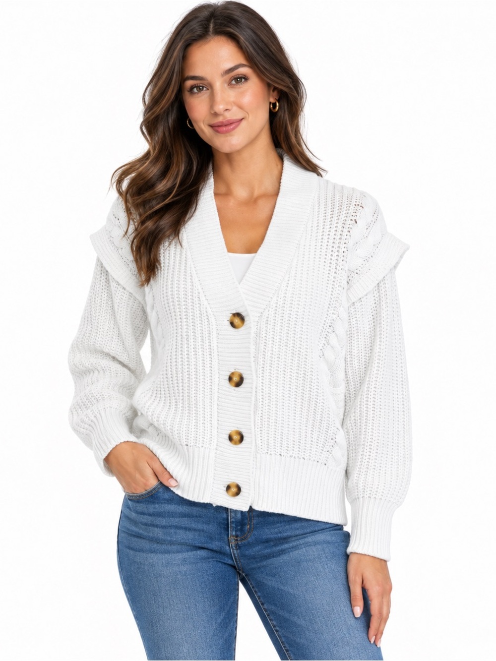 For The Republic White Cable Knit Button Cardigan Sweater